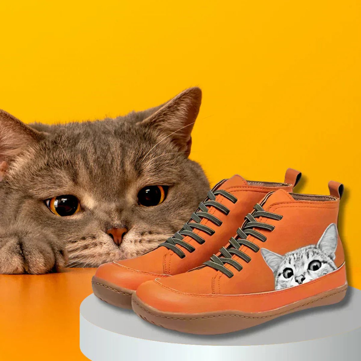 Stylish Ankle Boots for Women High-Top Lace-Up Cat-Print