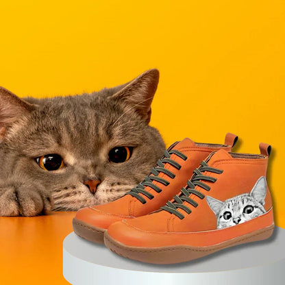Stylish Ankle Boots for Women High-Top Lace-Up Cat-Print