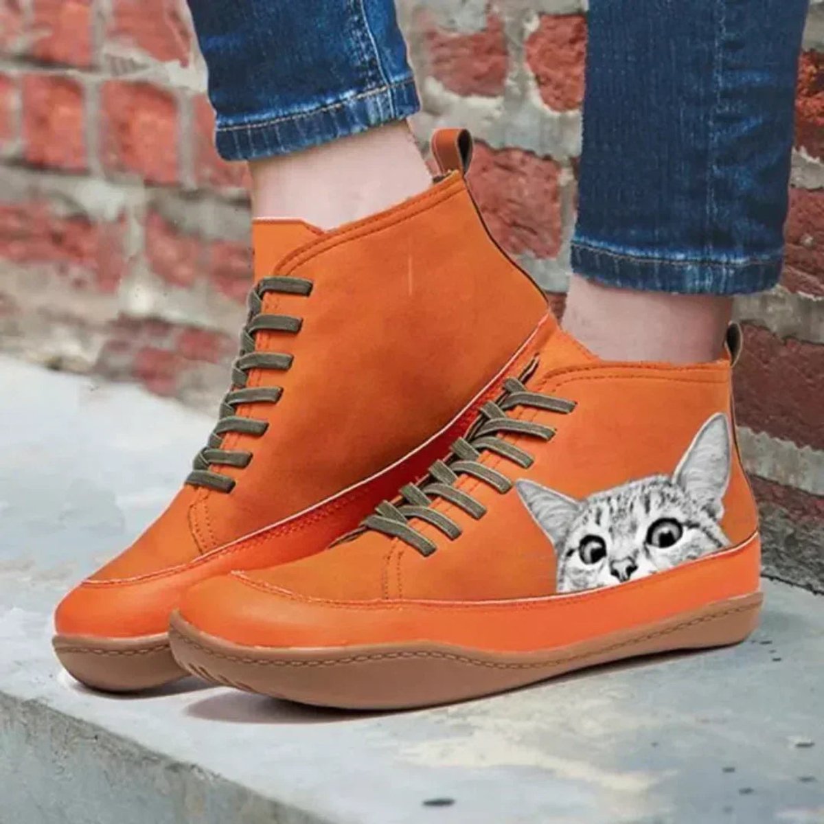 Stylish Ankle Boots for Women High-Top Lace-Up Cat-Print