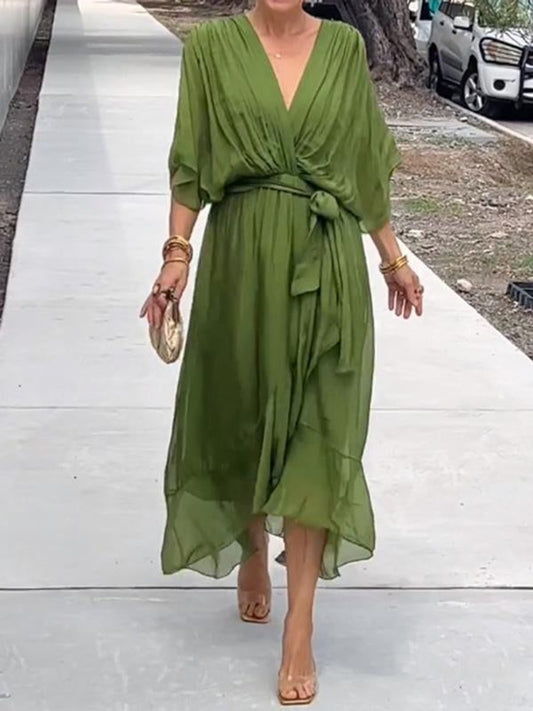 Elegant Midi Dress for Women V-Neck Belted Chiffon