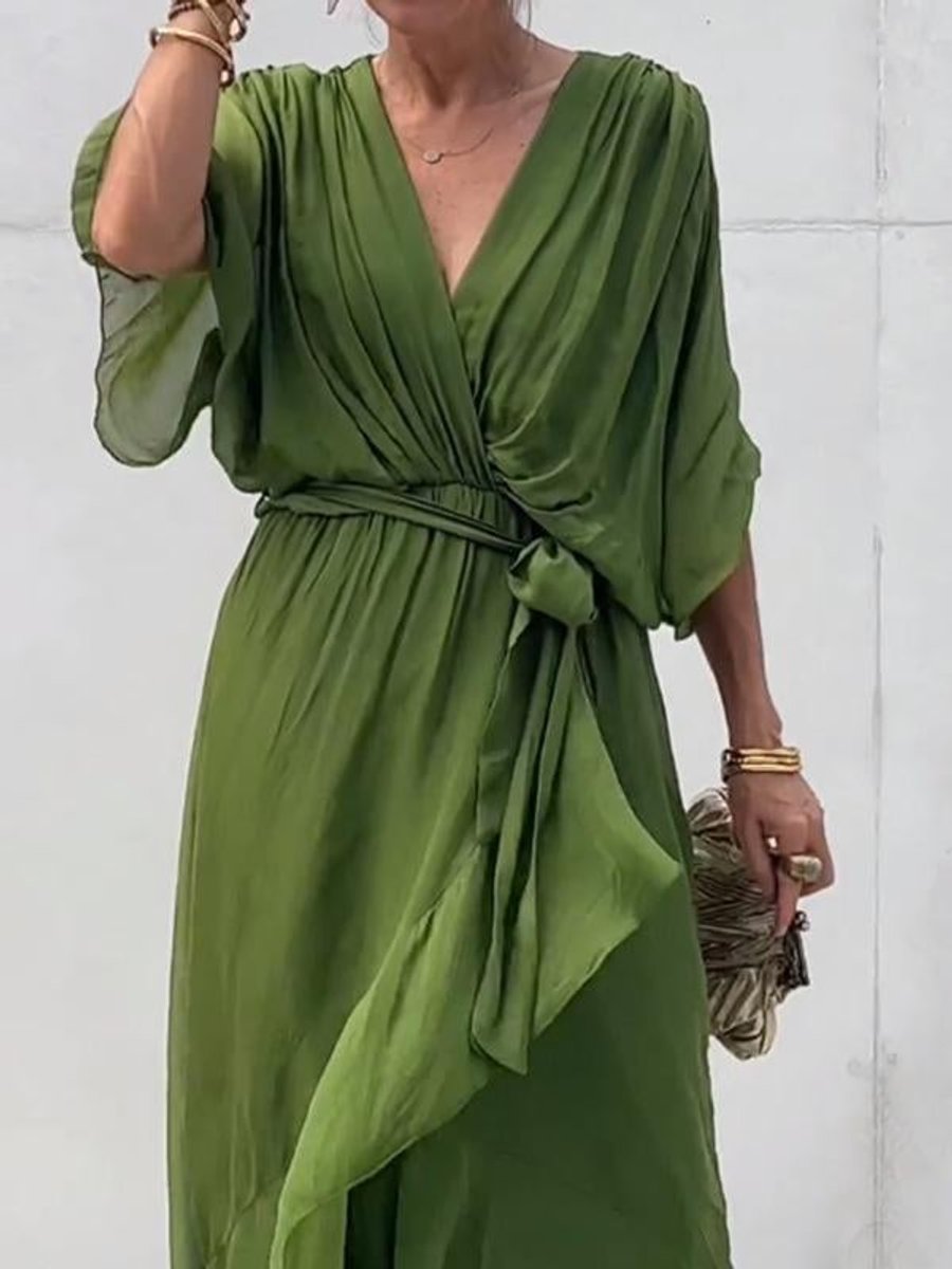 Elegant Midi Dress for Women V-Neck Belted Chiffon