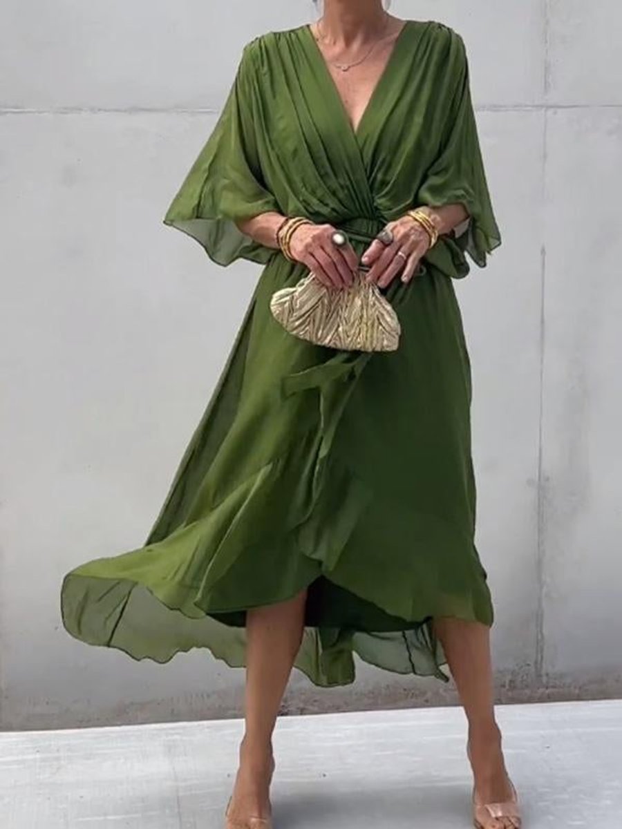 Elegant Midi Dress for Women V-Neck Belted Chiffon
