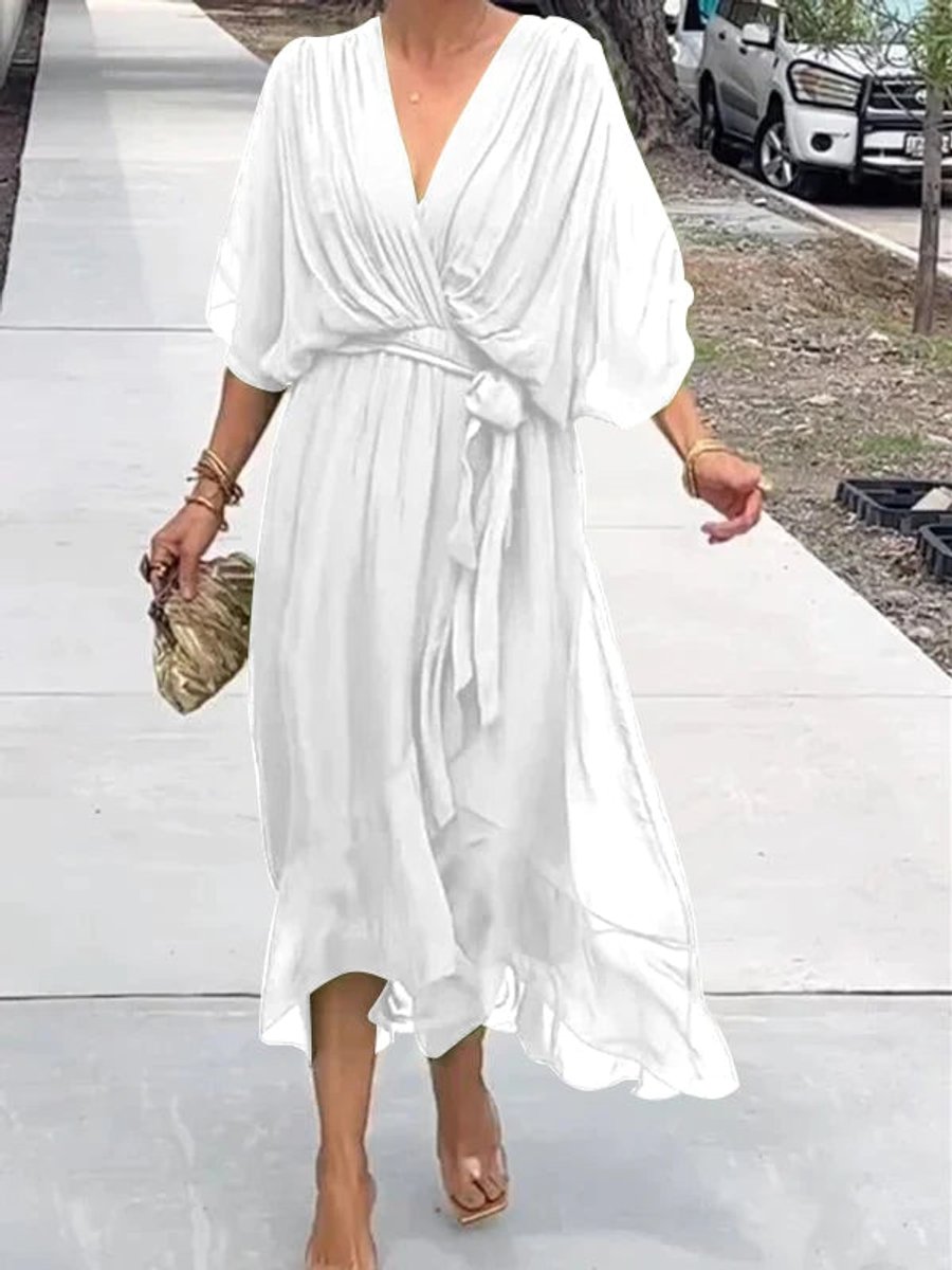 Elegant Midi Dress for Women V-Neck Belted Chiffon