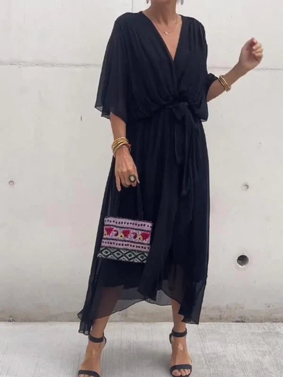 Elegant Midi Dress for Women V-Neck Belted Chiffon