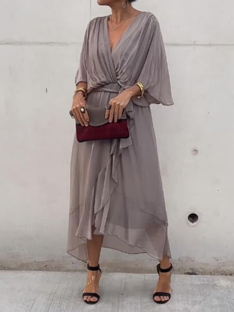 Elegant Midi Dress for Women V-Neck Belted Chiffon