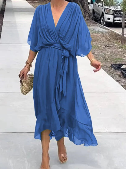 Elegant Midi Dress for Women V-Neck Belted Chiffon
