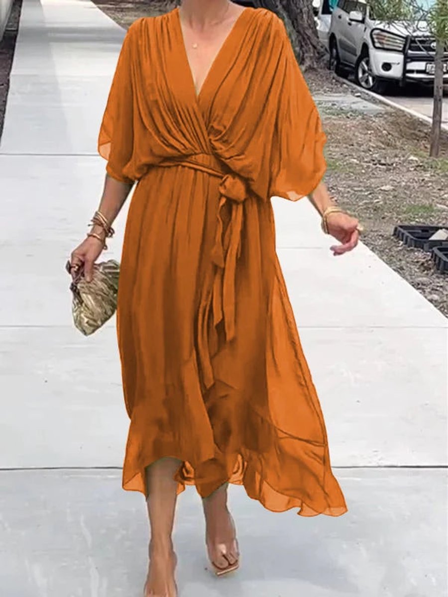 Elegant Midi Dress for Women V-Neck Belted Chiffon