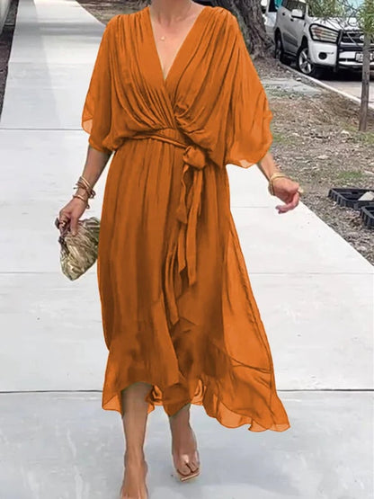 Elegant Midi Dress for Women V-Neck Belted Chiffon