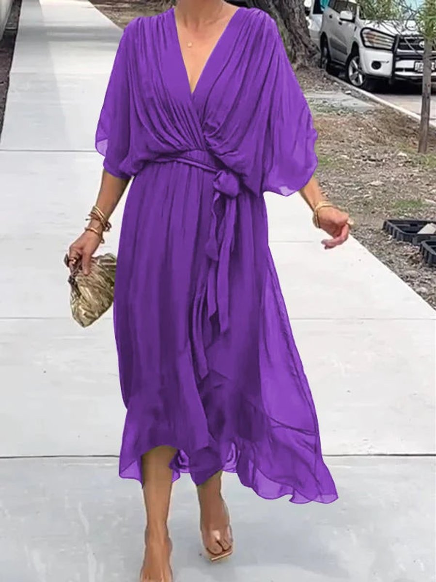 Elegant Midi Dress for Women V-Neck Belted Chiffon