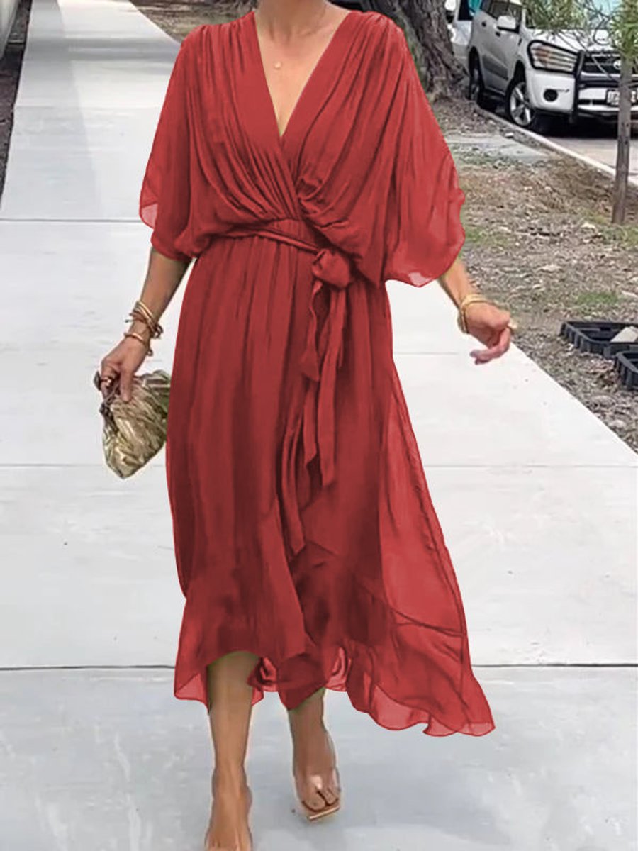 Elegant Midi Dress for Women V-Neck Belted Chiffon