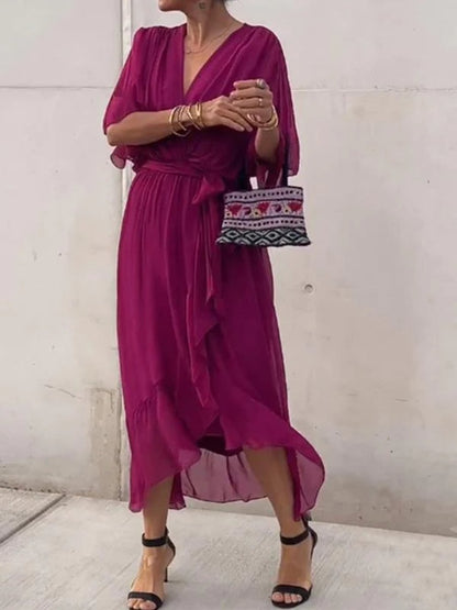 Elegant Midi Dress for Women V-Neck Belted Chiffon