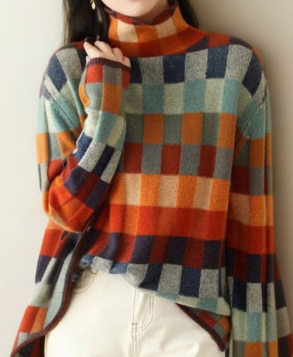 Comfortable Turtleneck Sweater for Women Plaid Relaxed-Fit