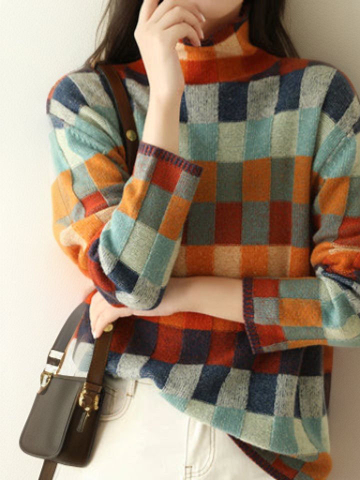 Comfortable Turtleneck Sweater for Women Plaid Relaxed-Fit