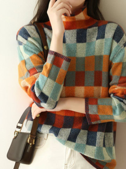 Comfortable Turtleneck Sweater for Women Plaid Relaxed-Fit