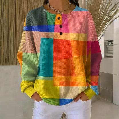 Stylish Henley Sweater for Women Waffle-Knit Colorblock — Multicolor