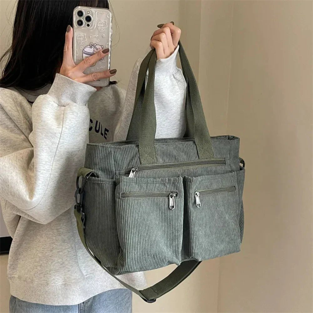 Effortless Tote Bag for Women Corduroy Multi-Pocket