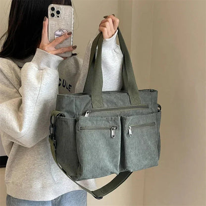 Effortless Tote Bag for Women Corduroy Multi-Pocket