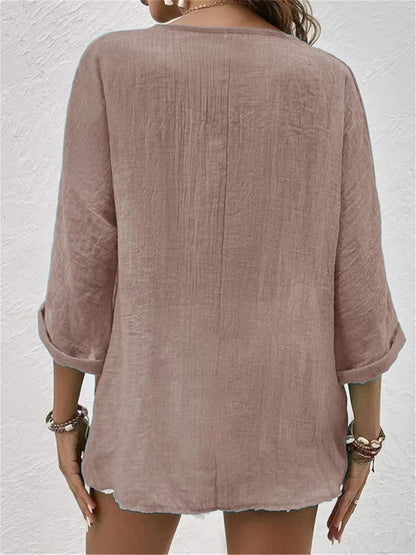 Effortless Cotton Top for Women V-Neck Button-Front Three-Quarter-Sleeve