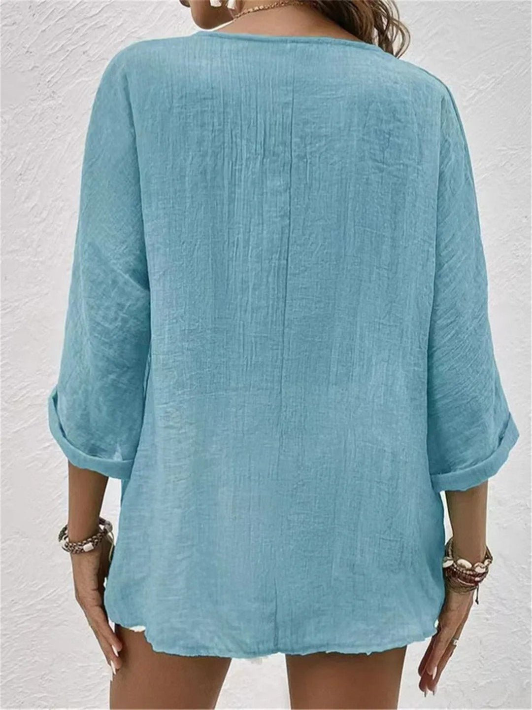 Effortless Cotton Top for Women V-Neck Button-Front Three-Quarter-Sleeve