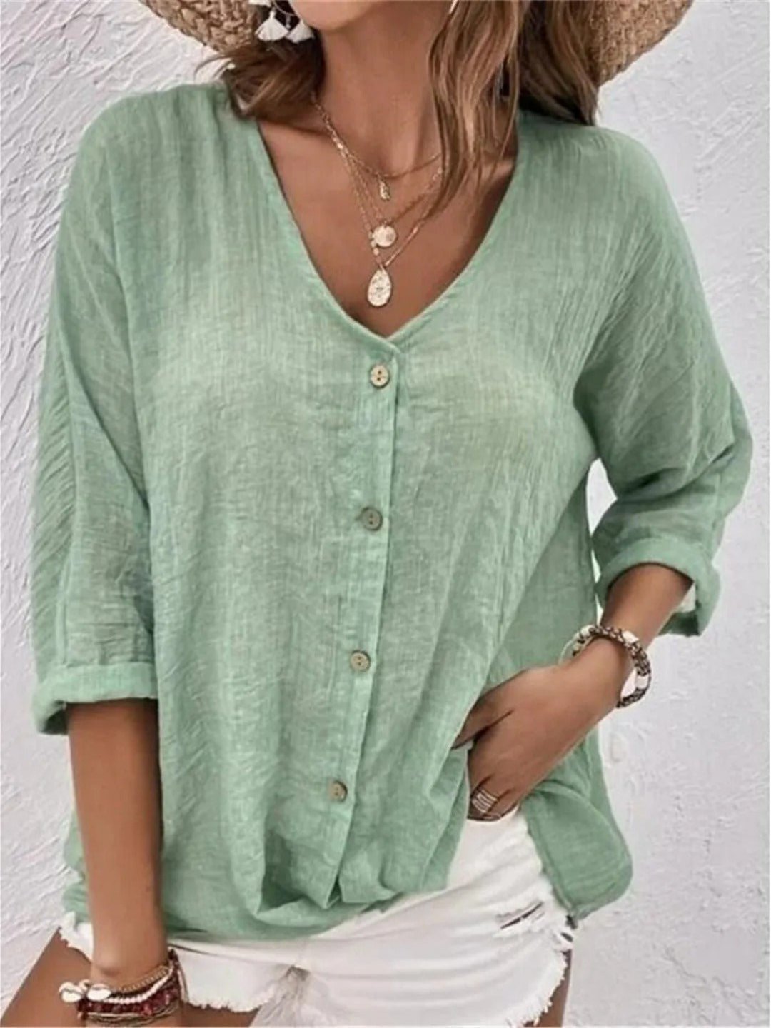 Effortless Cotton Top for Women V-Neck Button-Front Three-Quarter-Sleeve