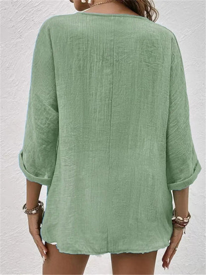 Effortless Cotton Top for Women V-Neck Button-Front Three-Quarter-Sleeve