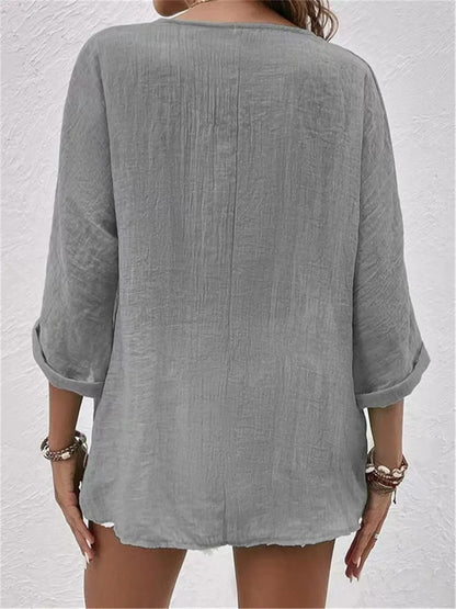 Effortless Cotton Top for Women V-Neck Button-Front Three-Quarter-Sleeve