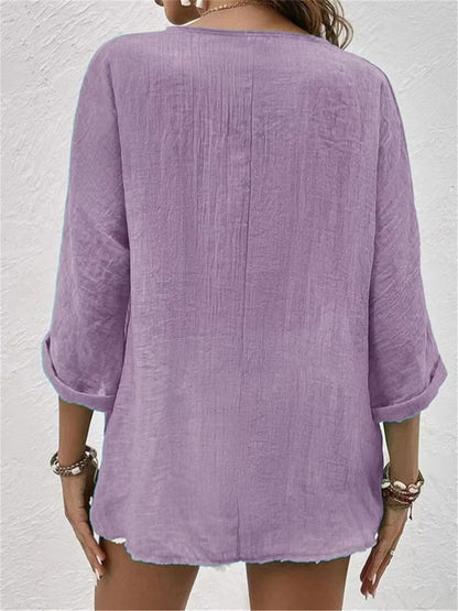 Effortless Cotton Top for Women V-Neck Button-Front Three-Quarter-Sleeve