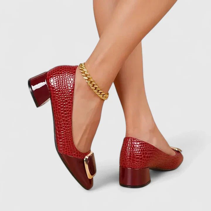 Stylish Block-Heel Loafers for Women Croc-Embossed Buckle-Strap