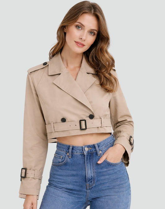 Stylish Cropped Jacket for Women Double-Breasted Belted