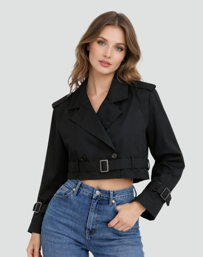 Stylish Cropped Jacket for Women Double-Breasted Belted