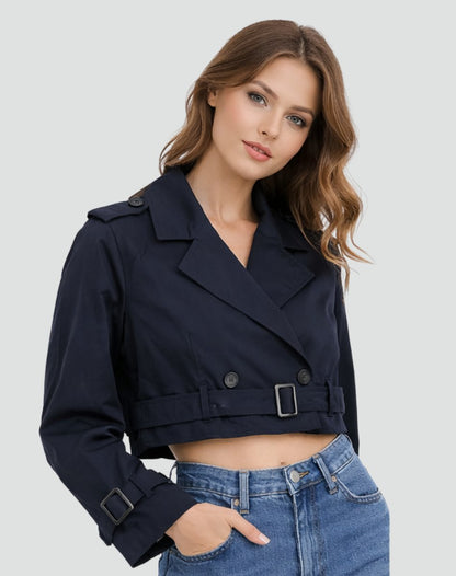 Stylish Cropped Jacket for Women Double-Breasted Belted