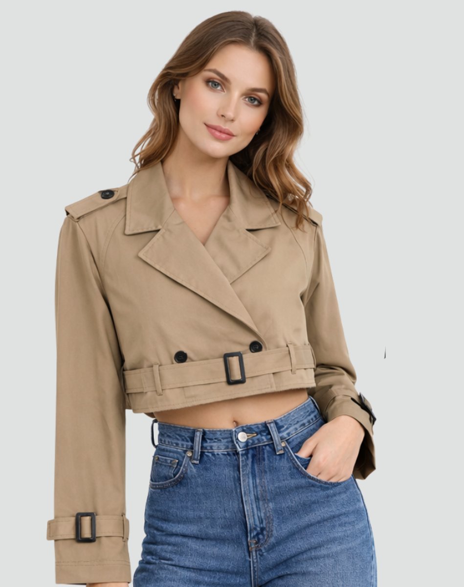 Stylish Cropped Jacket for Women Double-Breasted Belted