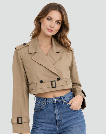 Stylish Cropped Jacket for Women Double-Breasted Belted
