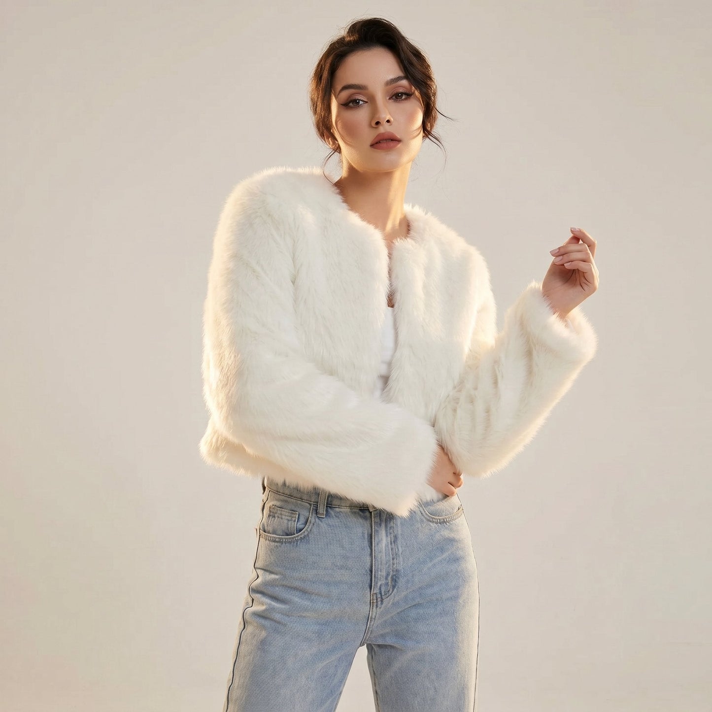 Stylish Faux-Fur Jacket for Women Cropped Long-Sleeve