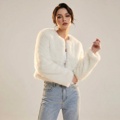 Stylish Faux-Fur Jacket for Women Cropped Long-Sleeve