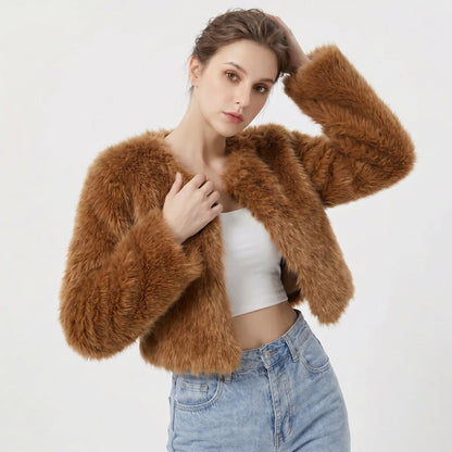Stylish Faux-Fur Jacket for Women Cropped Long-Sleeve