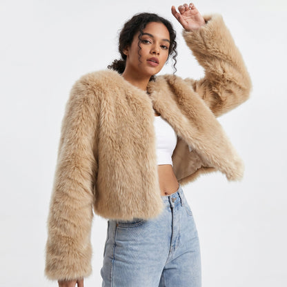 Stylish Faux-Fur Jacket for Women Cropped Long-Sleeve