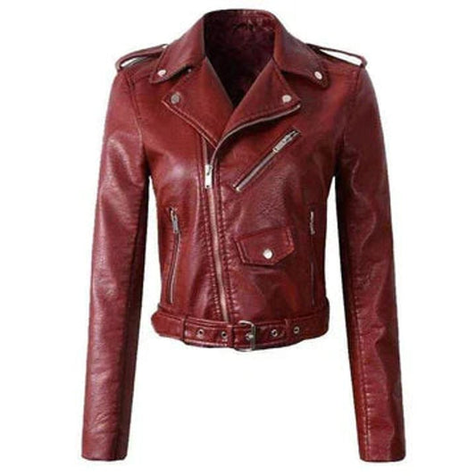Stylish Biker Jacket for Women Cropped Belted