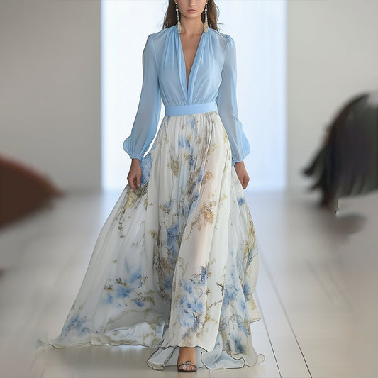 Elegant Maxi Dress for Women Deep-V Floral-Print Long-Sleeve