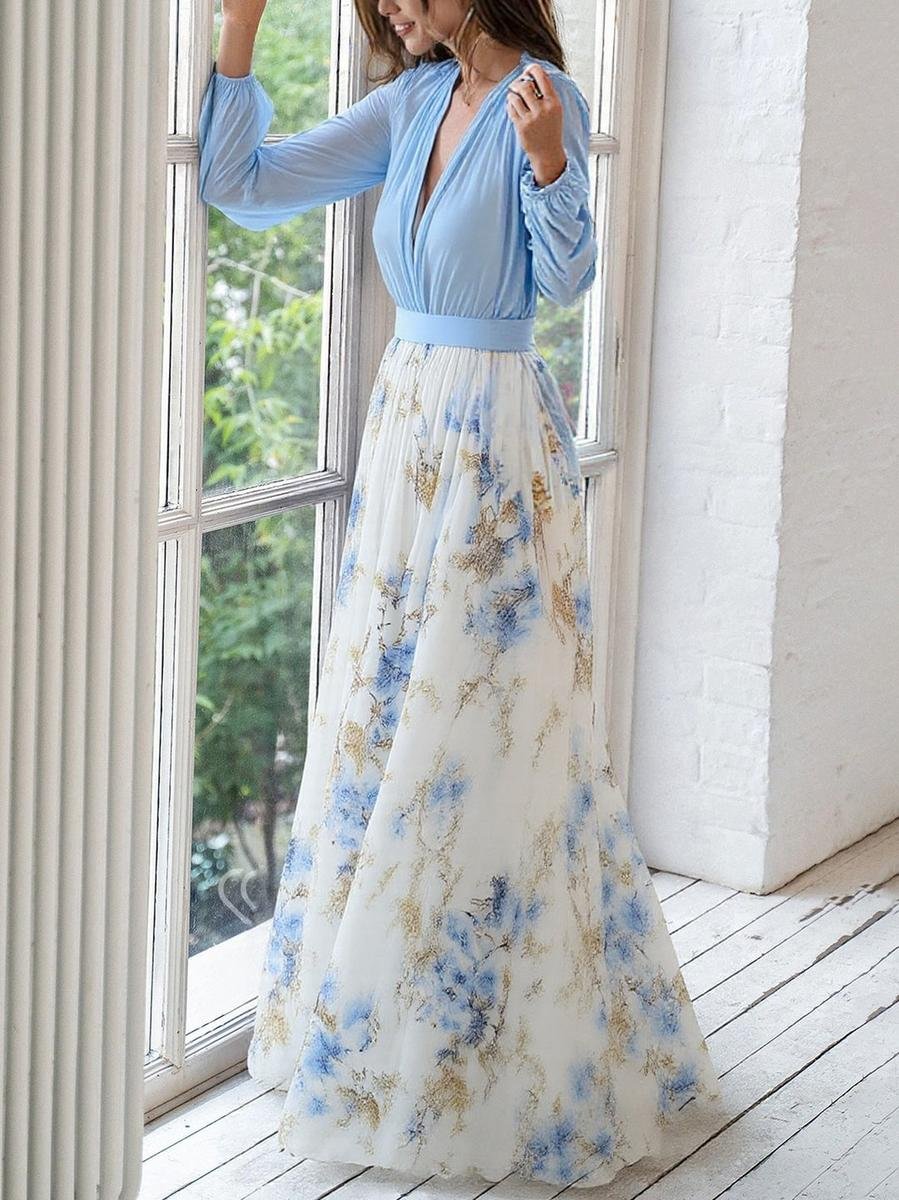 Elegant Maxi Dress for Women Deep-V Floral-Print Long-Sleeve