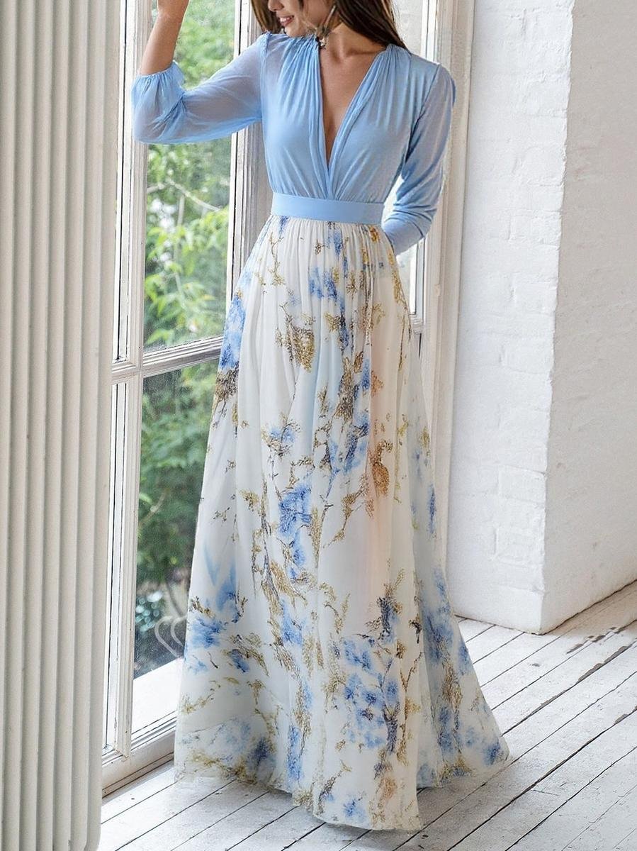 Elegant Maxi Dress for Women Deep-V Floral-Print Long-Sleeve