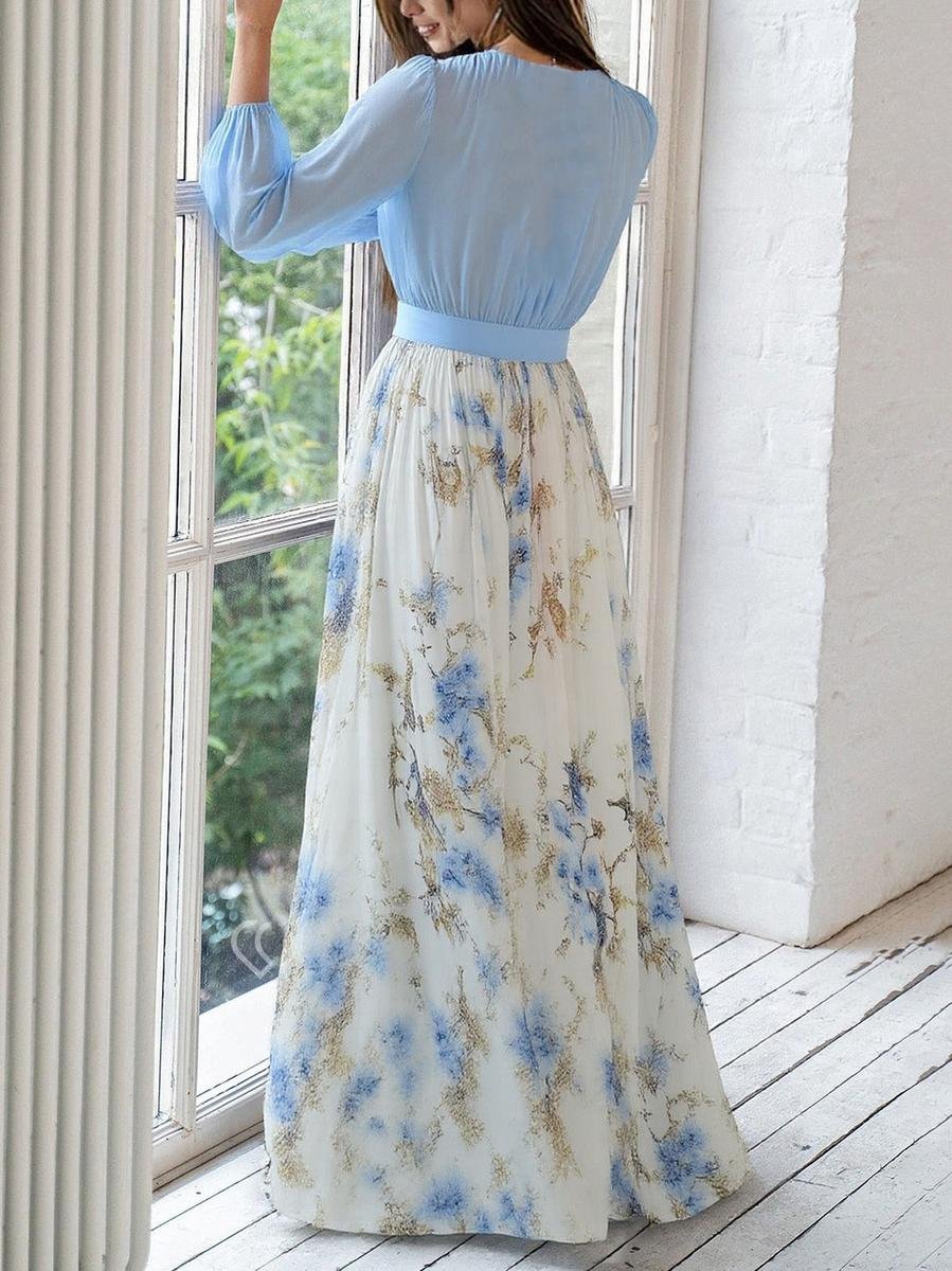Elegant Maxi Dress for Women Deep-V Floral-Print Long-Sleeve
