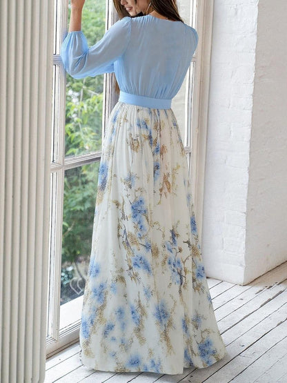 Elegant Maxi Dress for Women Deep-V Floral-Print Long-Sleeve