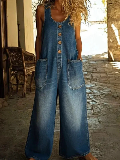 Effortless Overalls for Women Sleeveless Loose-Fit Button-Front