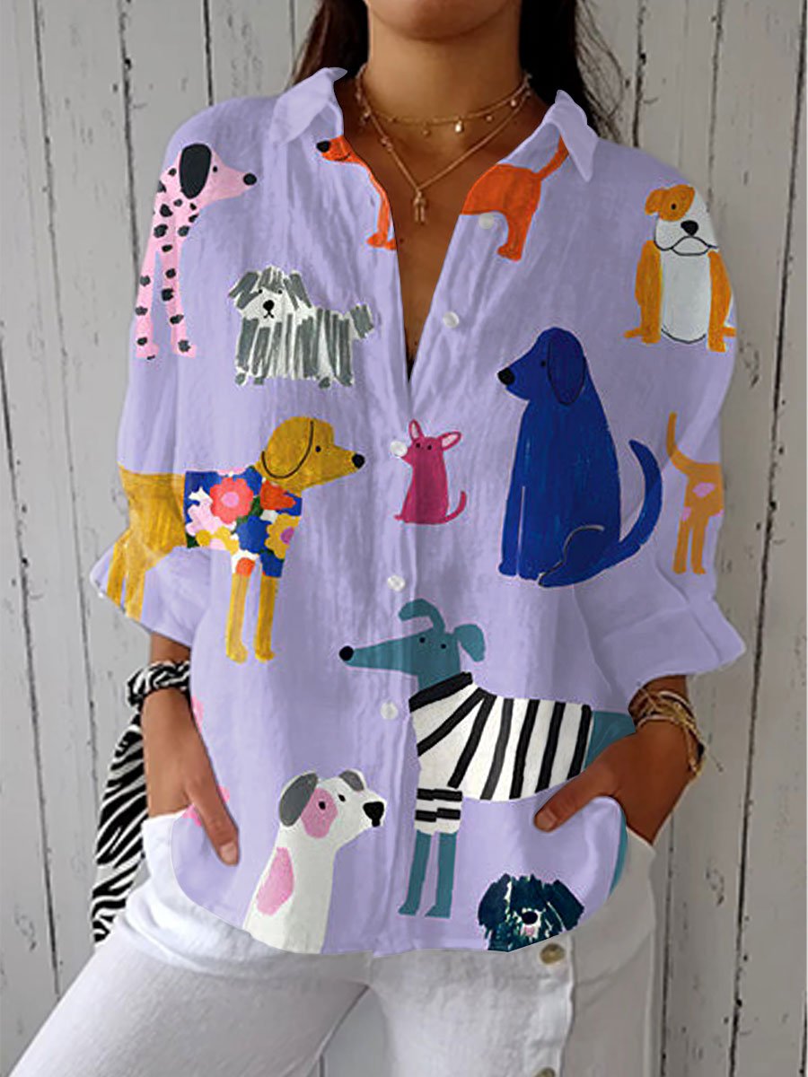 Effortless Blouse for Women Button-Front Long-Sleeve Dog-Print