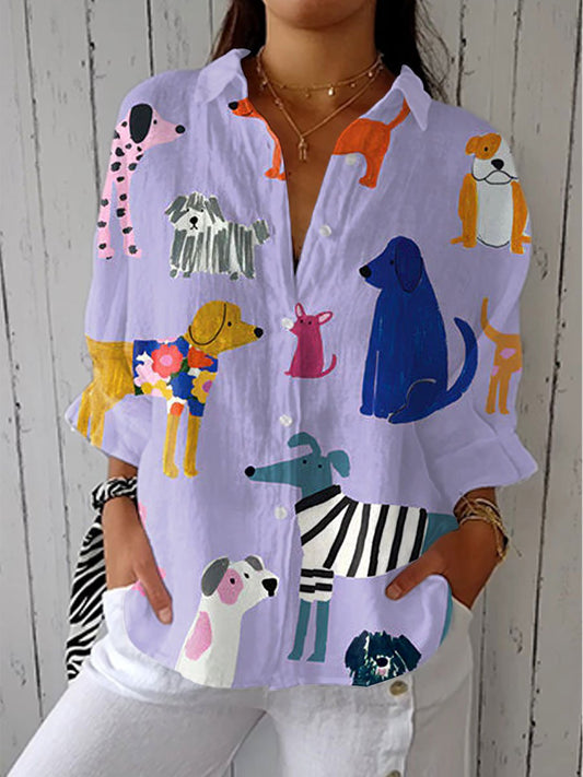 Effortless Blouse for Women Button-Front Long-Sleeve Dog-Print