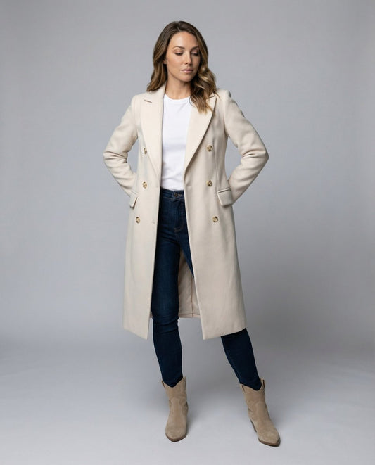 Elegant Overcoat for Women Double-Breasted Long-Sleeve Midi