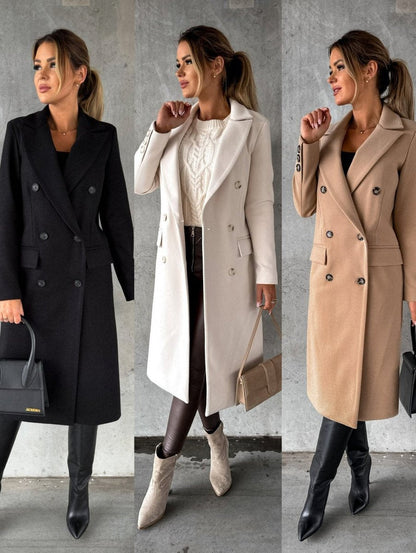 Elegant Overcoat for Women Double-Breasted Long-Sleeve Midi