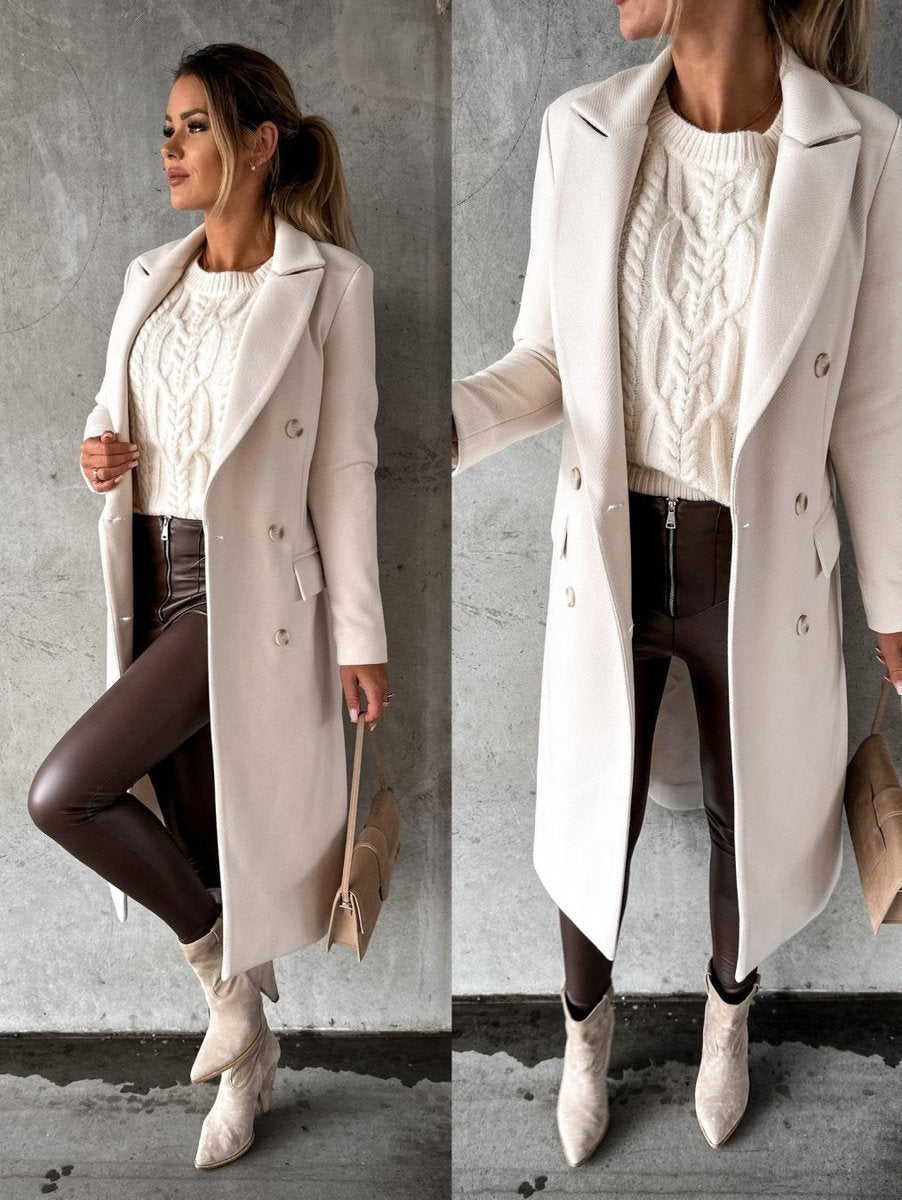 Elegant Overcoat for Women Double-Breasted Long-Sleeve Midi