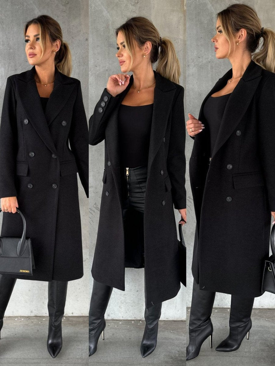Elegant Overcoat for Women Double-Breasted Long-Sleeve Midi